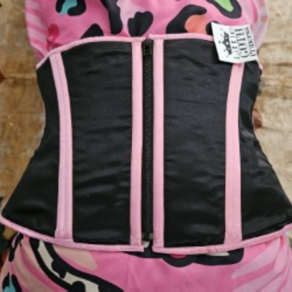 NWT 2XL/32" BK/PNK HANDMADE 1022 CORSET TIGHT LACING ZIPPER CORSET